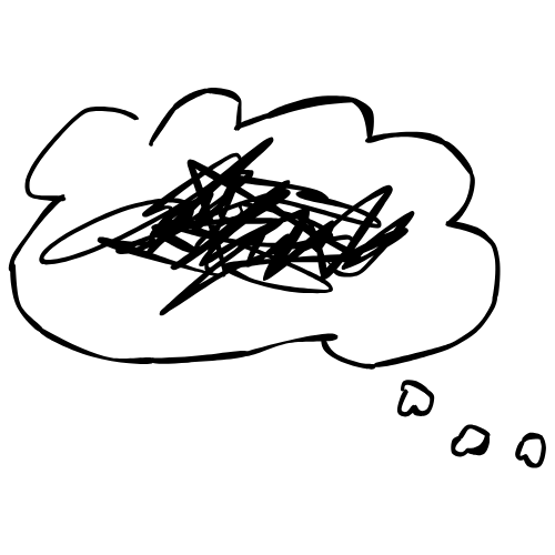 Hand-drawn sketch of a thought bubble with black scribble inside
